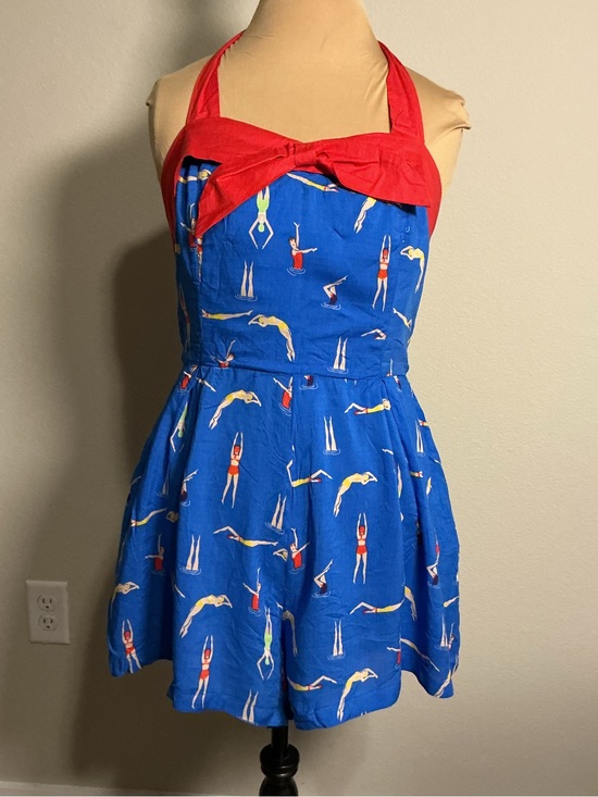 Lindy Bop Pants - Blue Retro Swimsuit Romper with Red Halter Top